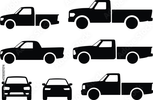 Pickup truck side and front view silhouette icon set for automotive design, transport service, cargo delivery and logistics illustration