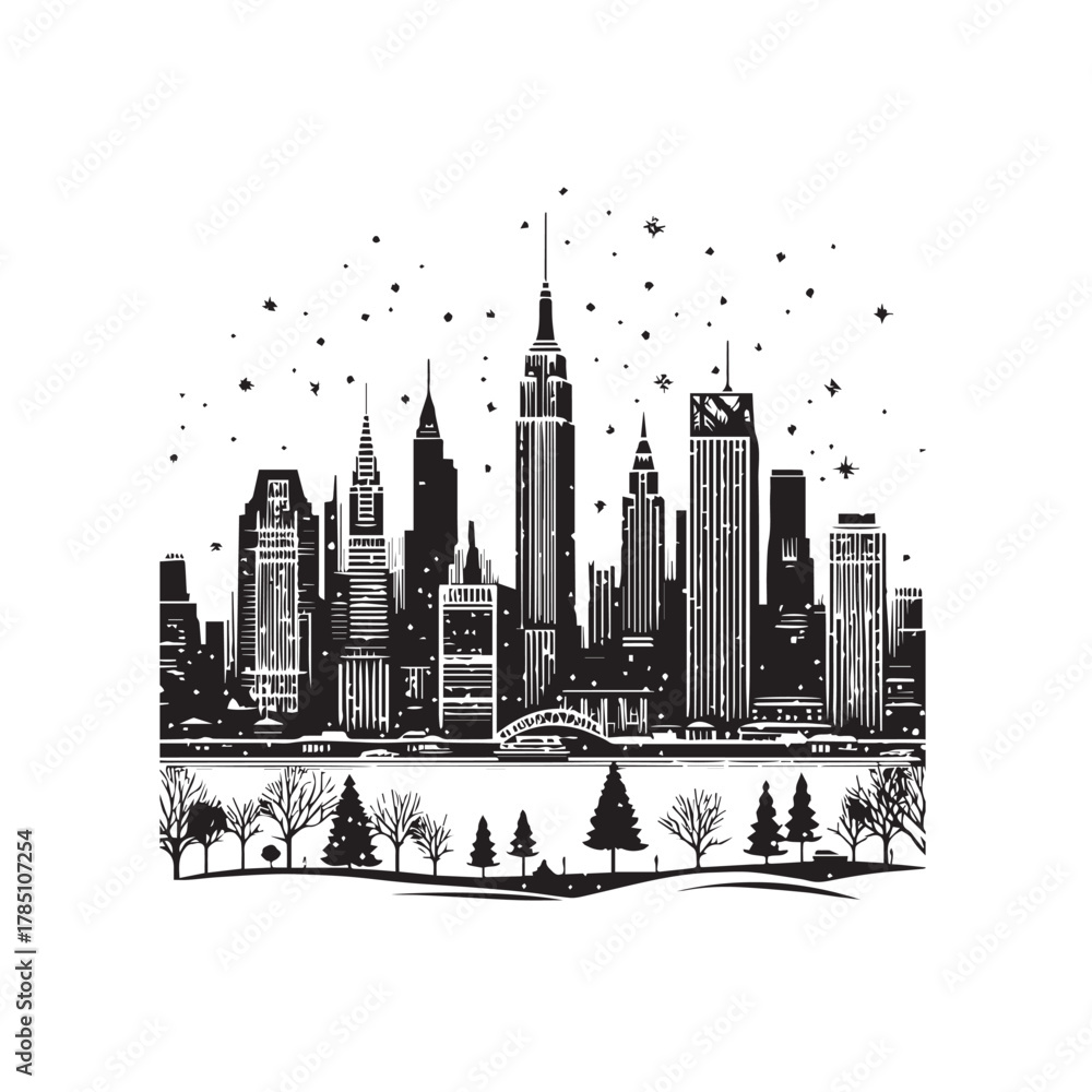 Fototapeta premium Black and White Winter City Skyline Vector — Modern Urban Silhouette Under Snowfall