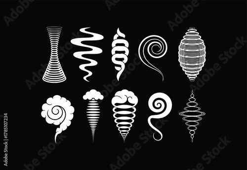 Abstract spiral vortex swirl shape collection, decorative tornado cyclone line art elements for graphic design, illustration and modern pattern