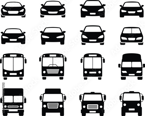 Car and bus front view silhouette icon set showing transportation vehicles, automotive collection for traffic, travel, city public transport illustration