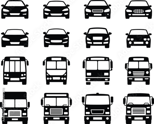 Car, bus and truck front view silhouette icon set for transportation, automotive service, vehicle design, logistics and travel illustrations