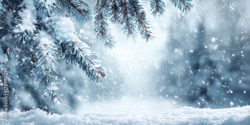 Snow falling on a spruce tree branch in winter forest