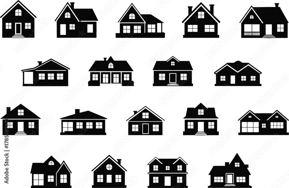 Fototapeta premium Collection of suburban house silhouettes showing residential home architecture designs, real estate property icons, modern housing exterior shapes, neighborhood dwellings set