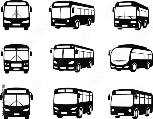 Collection of modern public transport bus silhouettes, front and side view passenger bus icons for travel, city transit and transportation illustration