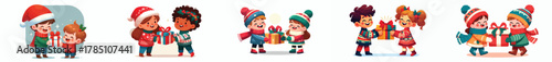 vector of children sharing Christmas gifts