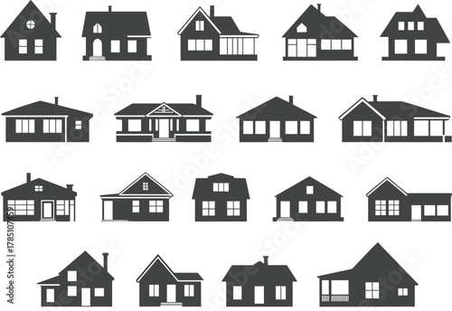Collection of suburban family house silhouettes showing residential home architecture property exterior design real estate housing icons and neighborhood dwellings