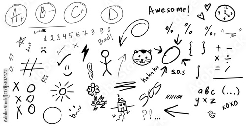 Scratches, pen lines, scribbles from pencil, vector. Scratch texture, sketch, brush stroke. Hand drawn scratches, strokes, lines, arrows, scribbles from pencil, circles. Seamless pattern with numbers.