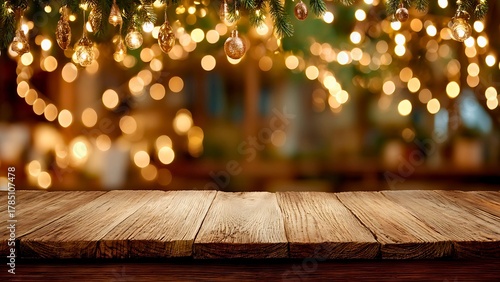 Warm Christmas decorations illuminated above a rustic wooden table, creating a festive atmosphere. The bokeh lights in the background enhances the holiday mood