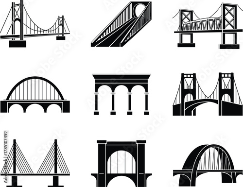 Collection of various bridge silhouettes displaying architectural design styles, structural engineering concepts, transportation connection and urban infrastructure in vector illustration format