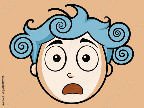 Cartoon character with blue curly hair and a shocked expression wide eyes and open mouth against a plain background