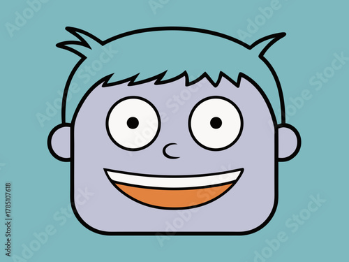 A cheerful cartoon character with light blue hair large white eyes with black pupils a wide orange smile and pale purple skin against a solid blue background