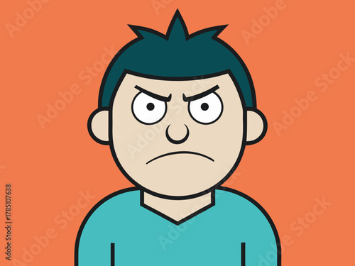 An illustration of a cartoon boy with spiky dark hair and an angry expression against a vibrant orange background