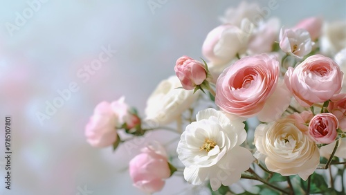 A charming display of elegant pastel roses in full bloom, showcasing their delicate beauty