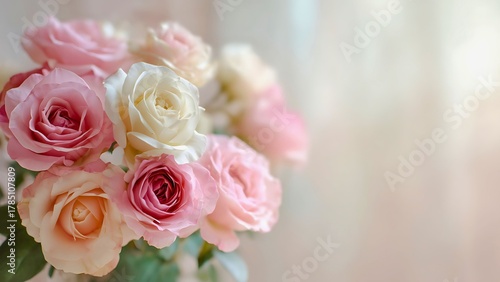 A close-up shot of a bouquet of roses in varying shades of pink and cream