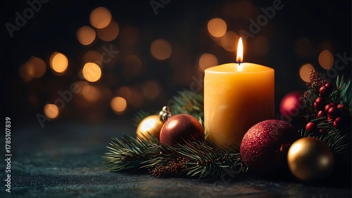 A lit candle surrounded by ornaments and greenery, evoking a sense of warmth and celebration. The soft glow creates a serene atmosphere.