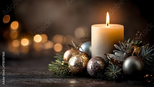 A glowing candle illuminates a festive holiday scene with ornaments. The candle is surrounded by decorative elements, creating a warm, inviting atmosphere