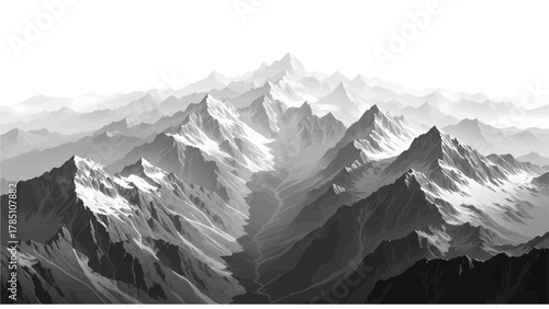Vector illustration of majestic snowcapped mountain range stretching into the hazy distance, monochrome on a white background