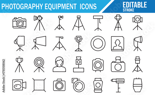 Photography and videography tool icons set in modern line design