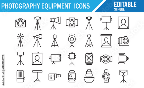 Collection of camera, lighting, and tripod icons in editable stroke style
