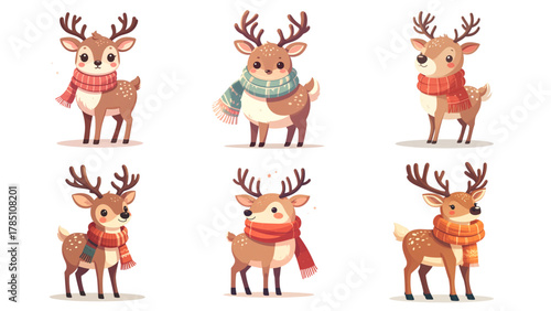 Collection of Flat-Style Reindeer Vector Illustration with Rounded Body, Full Body Character Design on White Background, Perfect for Christmas Cards, Winter Banners, Posters, and Festive Artworks
