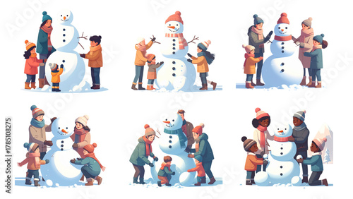 A Collection of flat-style vector illustration of children/families building a snowman, full bodies visible, no background full body visible, perfect for Christmas cards, posters, winter banners.
