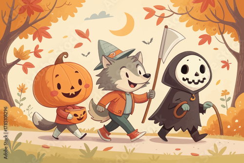 Cute Halloween Characters Trick or Treating – Cartoon Vector Illustration of Kids in Costumes