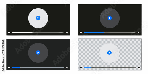 Collection of four video player interfaces with play buttons and progress bars on black and transparent backgrounds