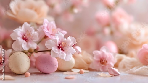 Wallpaper Mural Close-up shot of blooming cherry blossoms in soft pink hues and scattered petals with some light eggs decoration Torontodigital.ca