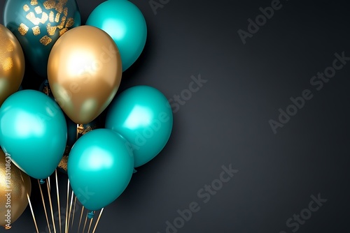 Craft an enticing birthday party banner background featuring bright teal and gold balloons against a rich black backdrop, combining elegance with festivity.