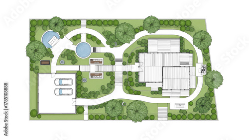 Vector illustration of aerial view of a landscape design with a building, pathways, and garden elements on a white background