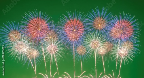 Vibrant fireworks explode across the night sky creating a dazzling spectacle of color and light