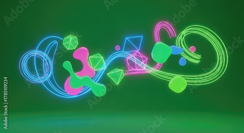 Vibrant neon shapes dance with abstract geometric forms in a dynamic motion graphic