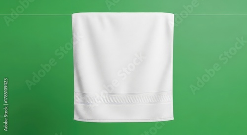 Pure white towel with subtle textured band hanging against vibrant green backdrop