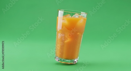 Refreshing orange juice with ice cubes condensation on a vibrant green background