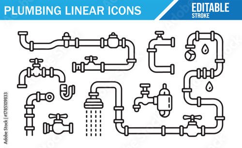 Editable stroke plumbing icons showing water flow and fittings