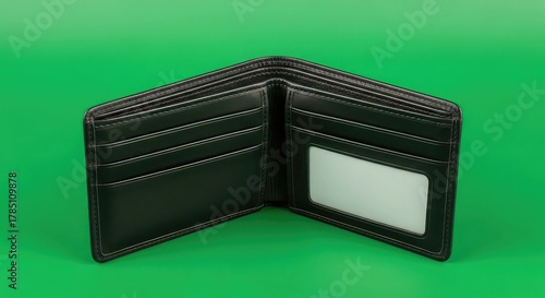 Professional sleek black leather wallet open, showcasing card slots and ID window on green
