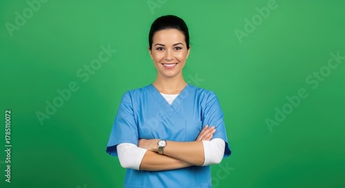 Confident female nurse smiling with arms crossed, ready to provide compassionate care