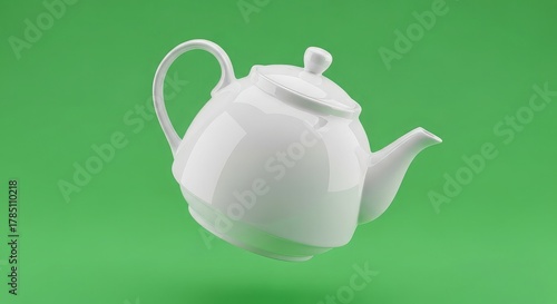 Elegant white ceramic teapot floats suspended against a vibrant green background, perfect for kitchen branding.