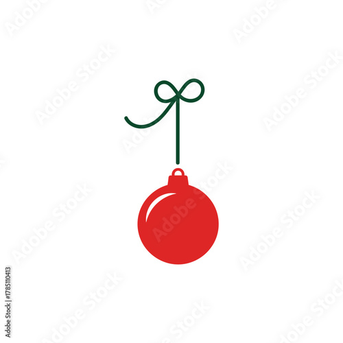 Single red christmas ornament with green ribbon bow isolated on transparent background