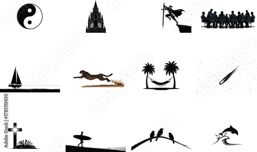 Yin Yang Symbol Clock Tower Warrior Sailing Cheetah Hammock Meteor Cross Surfer Birds Dolphin