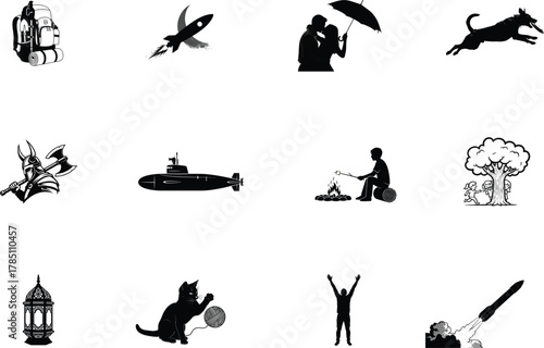 Backpack rocket couple dog viking submarine campfire children lantern cat person rocket