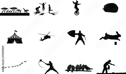 Diverse silhouettes of animals people and objects nature