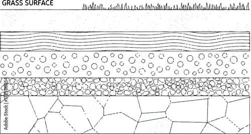 Soil Layers and Ground Cross Section with Grass, Topsoil, Subsoil, and Rock Foundation Vector Illustration, Earth Structure Diagram for Landscape, Geology, and Environmental Design