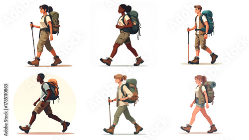 Hiker hiking, full body visible, no background. The character is wearing outdoor clothing, t-shirt, hiking jacket, cargo pants or shorts, sturdy hiking boots, carrying a backpack. 