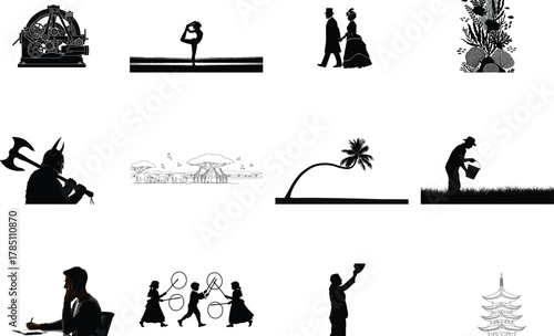 Diverse silhouettes of objects people and nature machine