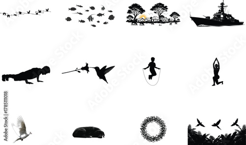 Flock birds fish village ship person yoga dog flying