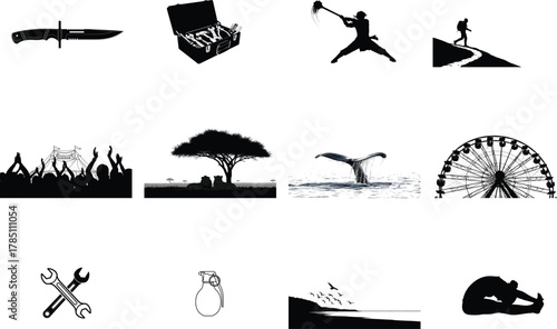 Knife toolbox warrior hiker whale Ferris wheel wrenches grenade birds stretching