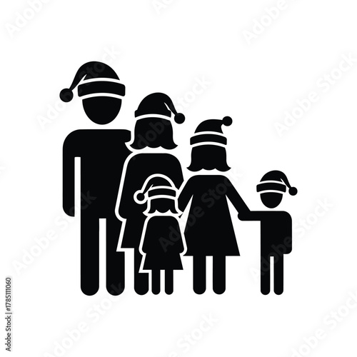 Silhouette of a happy family wearing santa hats isolated on transparent background