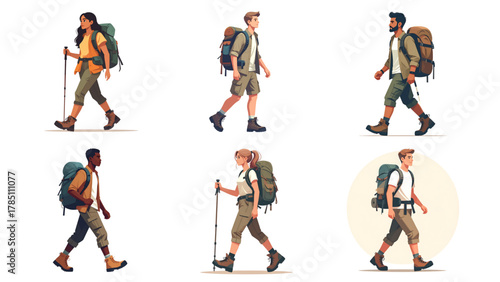 Full body vector illustration of a hiker wearing outdoor clothing, backpack, hiking boots and trekking gear. Perfect for adventure, travel and camping designs.