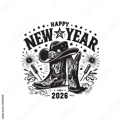 Western New Year 2026 — Cowboy Hat and Boots with Festive Sparklers